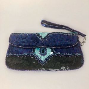 Ecote Sequin Peacock Jewel Tone Wristlet Clutch